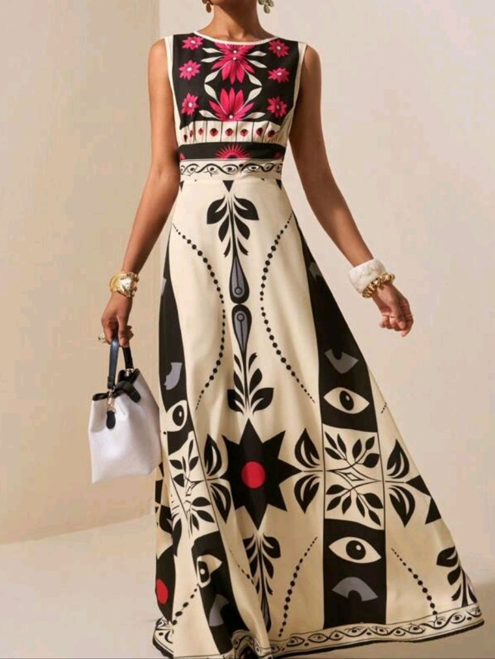 Black, Cream & Red Printed Maxi Dress